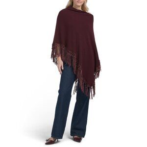 TESMA bordeaux Made In Italy Cashmere Blend Poncho With Real Suede Fringes
